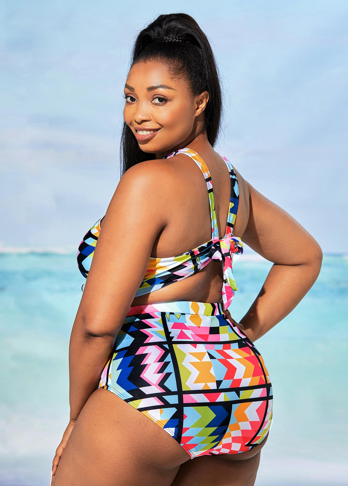 Multi Color plus size,Geometric plus size,High Waisted Plus Size Geometric Print Bikini Set