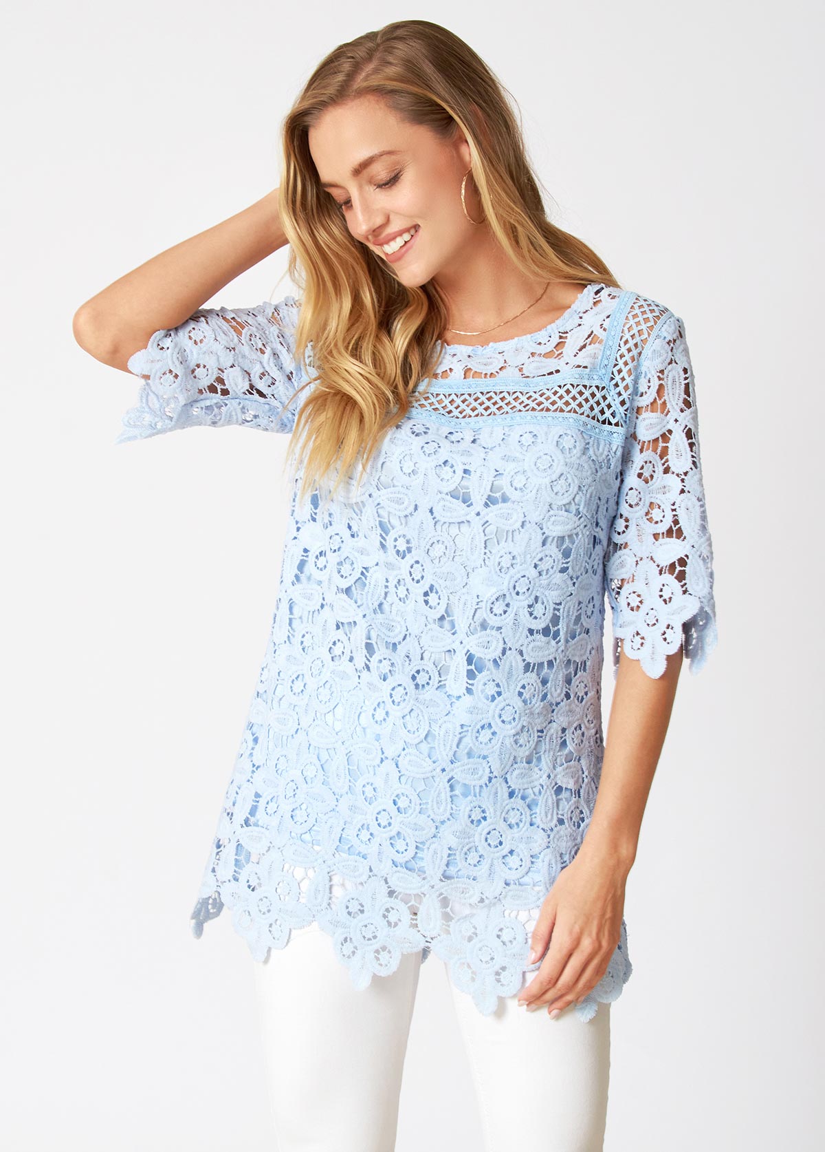Blue tops,Plain Color tops,ROTITA Round Neck Lace Stitching Asymmetric Hem Blouse