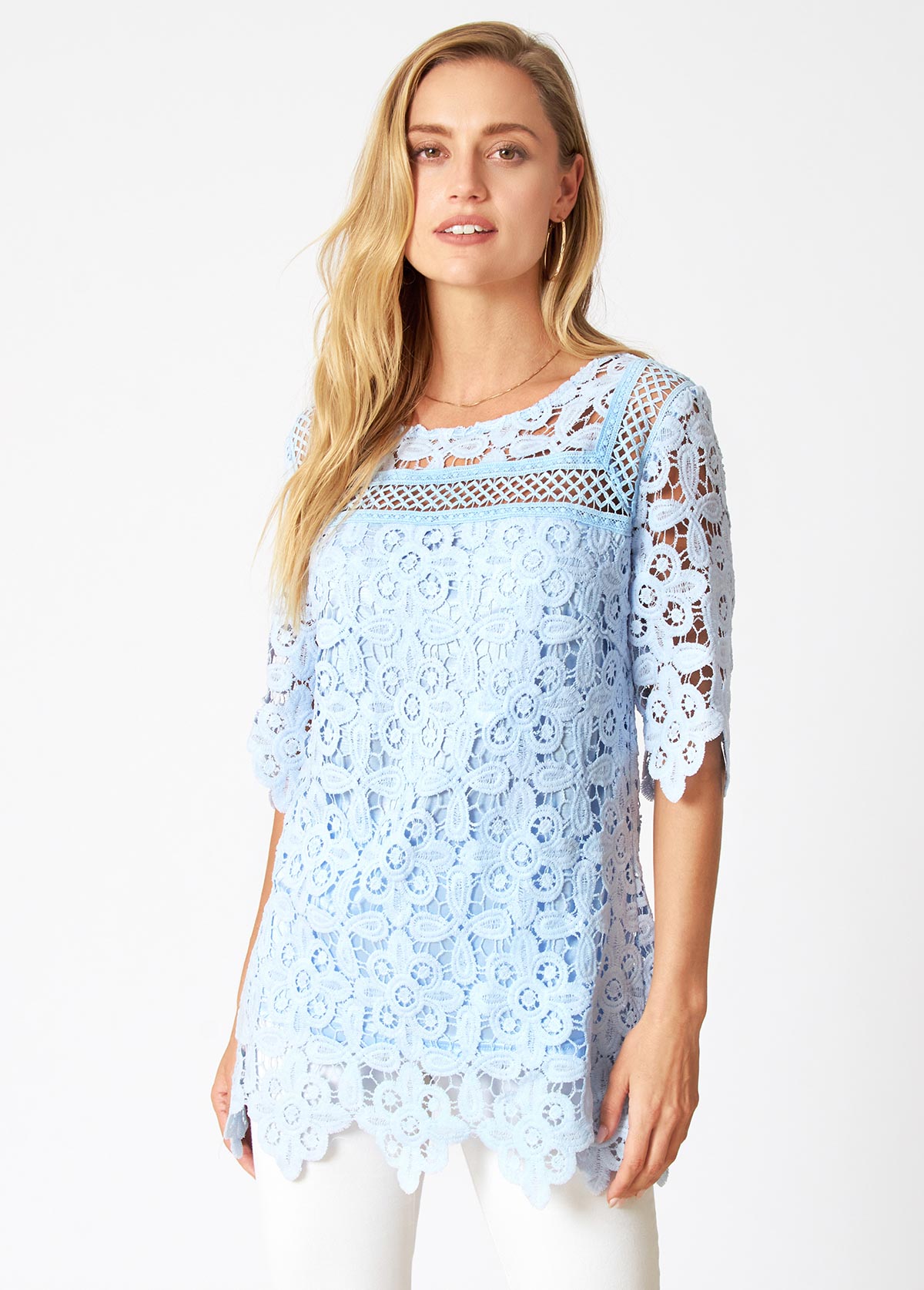 Blue tops,Plain Color tops,ROTITA Round Neck Lace Stitching Asymmetric Hem Blouse