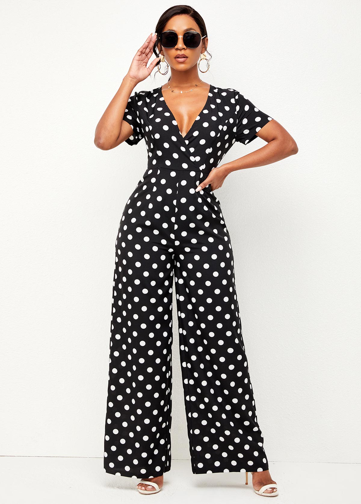ROTITA Deep V Neck Polka Dot Short Sleeve Jumpsuit