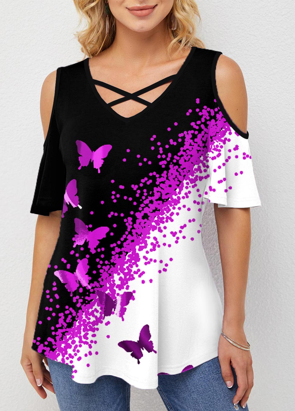 ROTITA Contrast Butterfly Print Cold Shoulder T Shirt