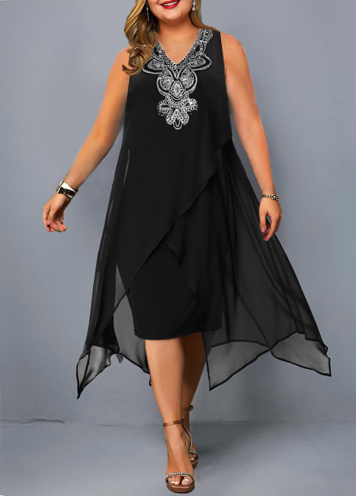 ROTITA Embellished Neck Plus Size Sleeveless Dress