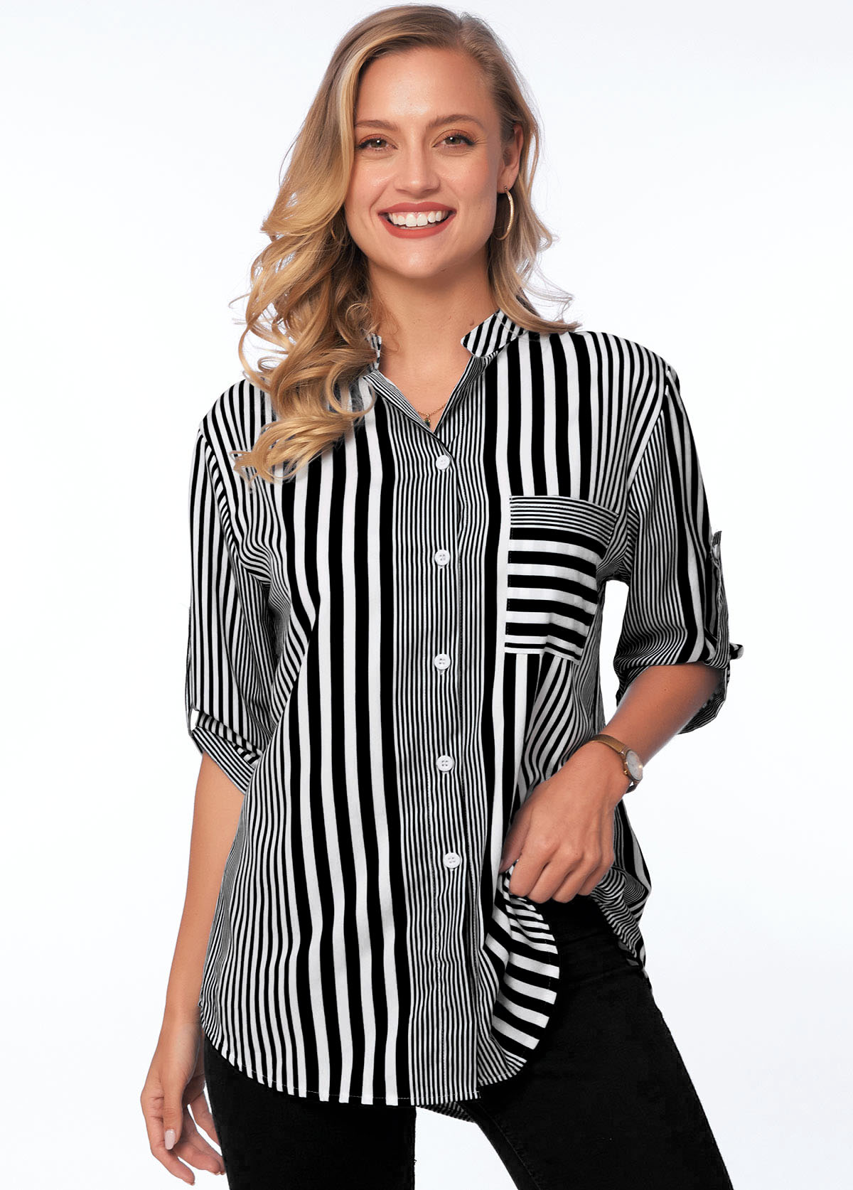 Pocket Turndown Collar Striped 3/4 Sleeve Blouse
