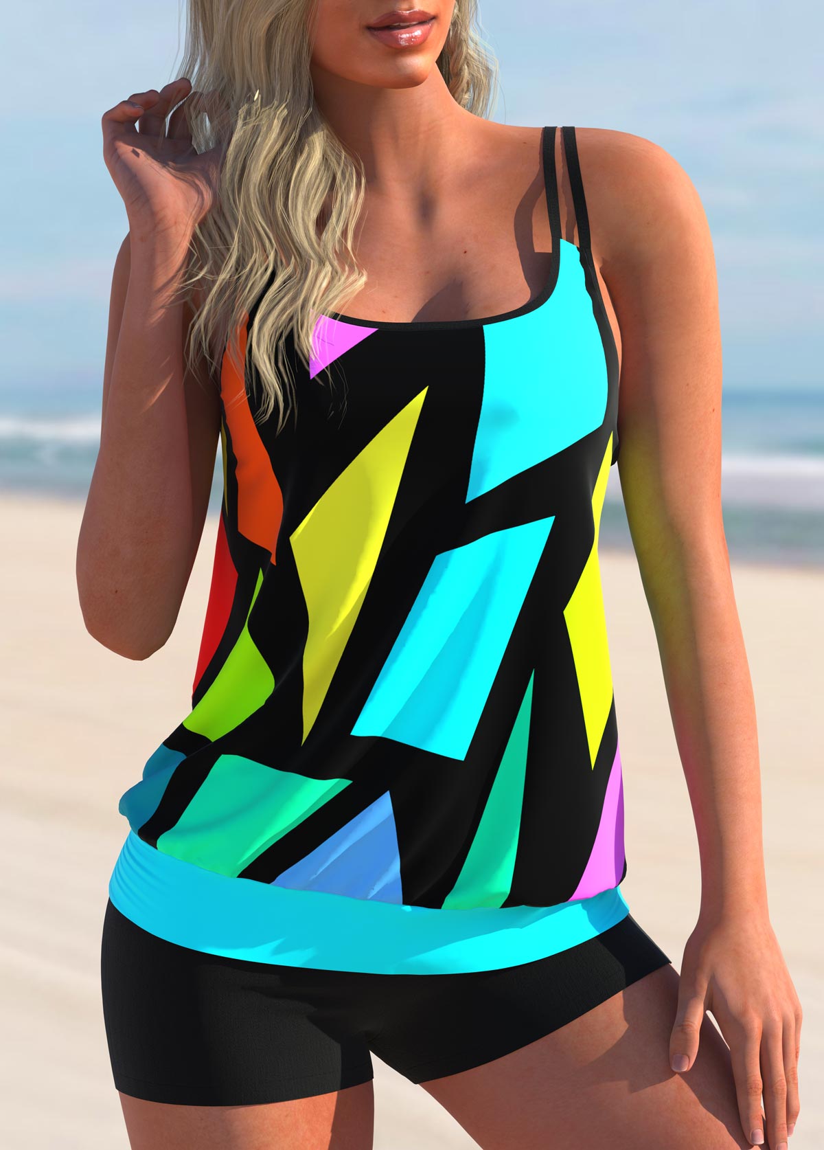 Cyan swimwear,Geometric swimwear,ROTITA Geometric Print Colorful Double Straps Tankini Set 