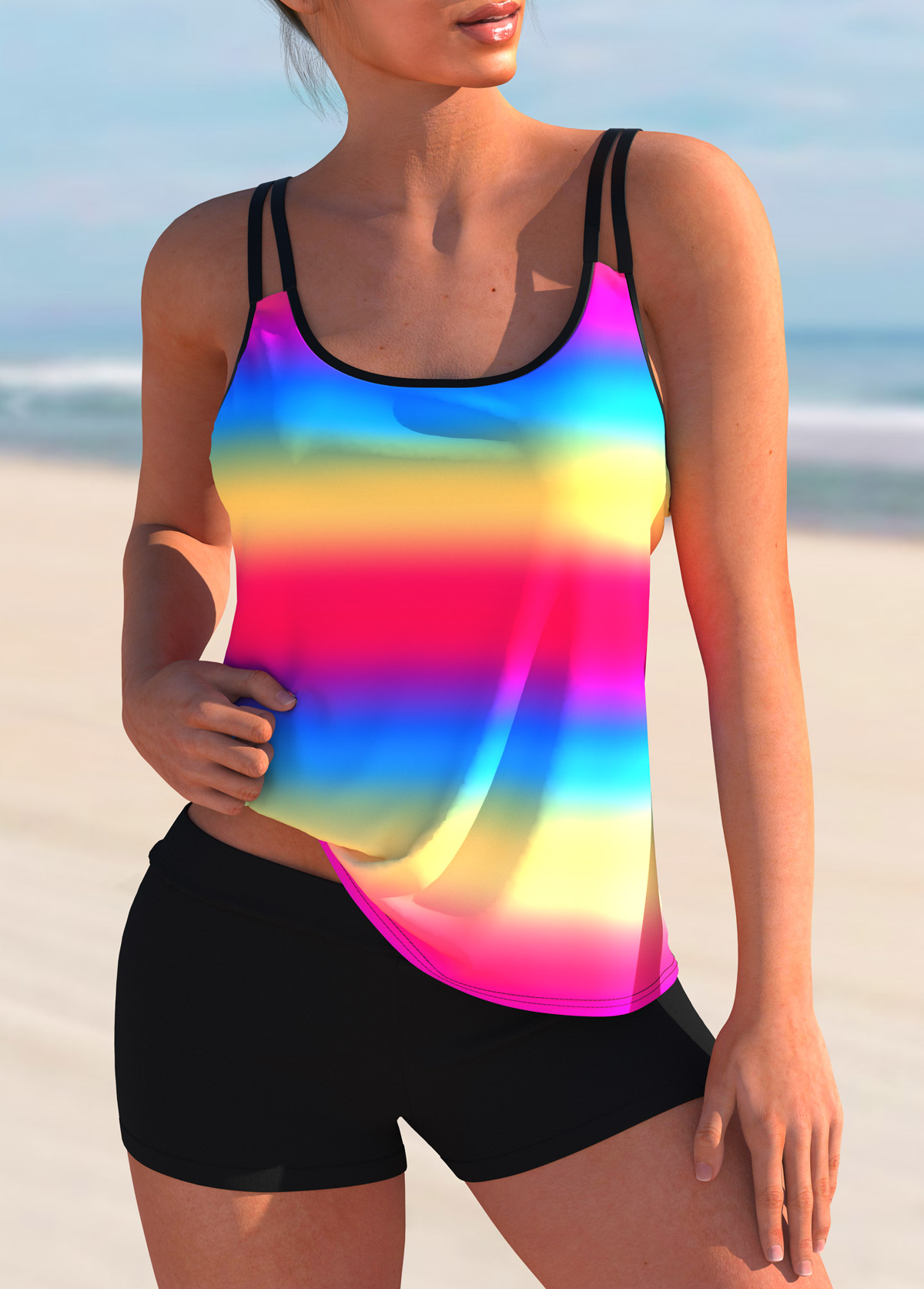 Multi Color swimwear,Dazzle Colorful swimwear,ROTITA Printed Rainbow Color Double Straps Tankini Set 