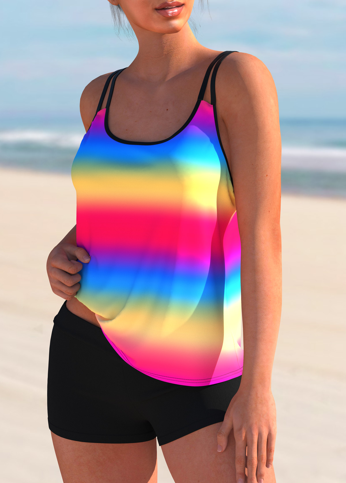 Multi Color swimwear,Dazzle Colorful swimwear,ROTITA Printed Rainbow Color Double Straps Tankini Set 