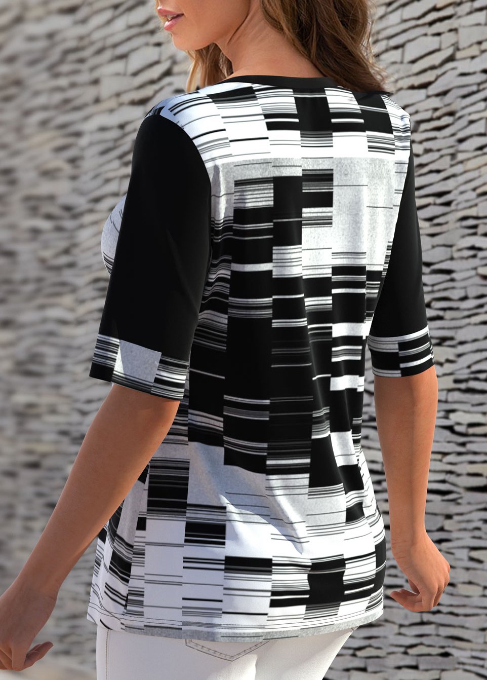 Black tops,Geometric tops,ROTITA Geometric Print Contrast Split Neck T Shirt