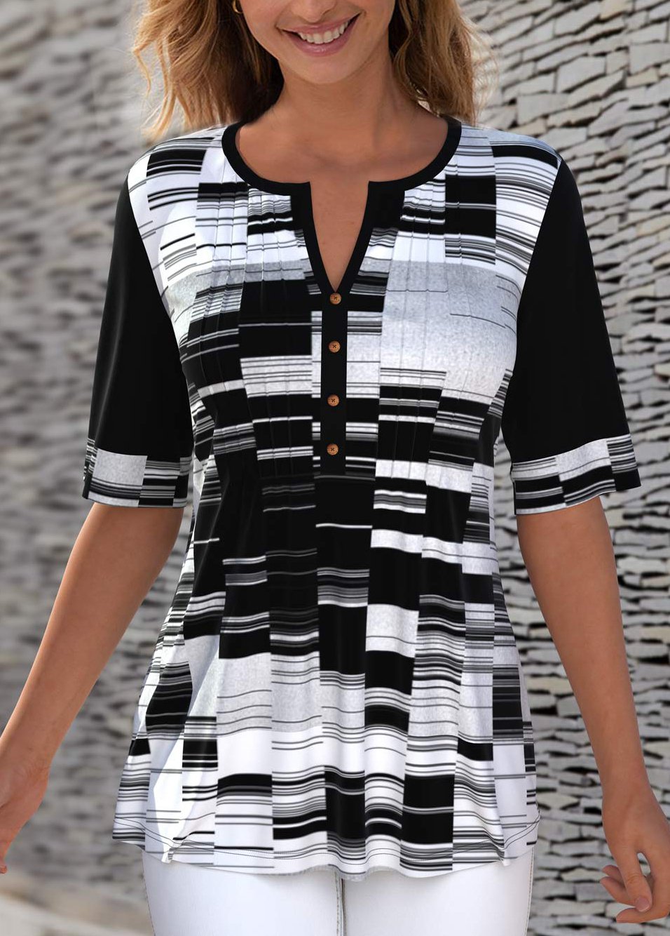 Black tops,Geometric tops,ROTITA Geometric Print Contrast Split Neck T Shirt