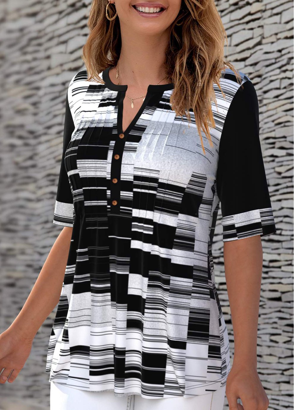 Black tops,Geometric tops,ROTITA Geometric Print Contrast Split Neck T Shirt