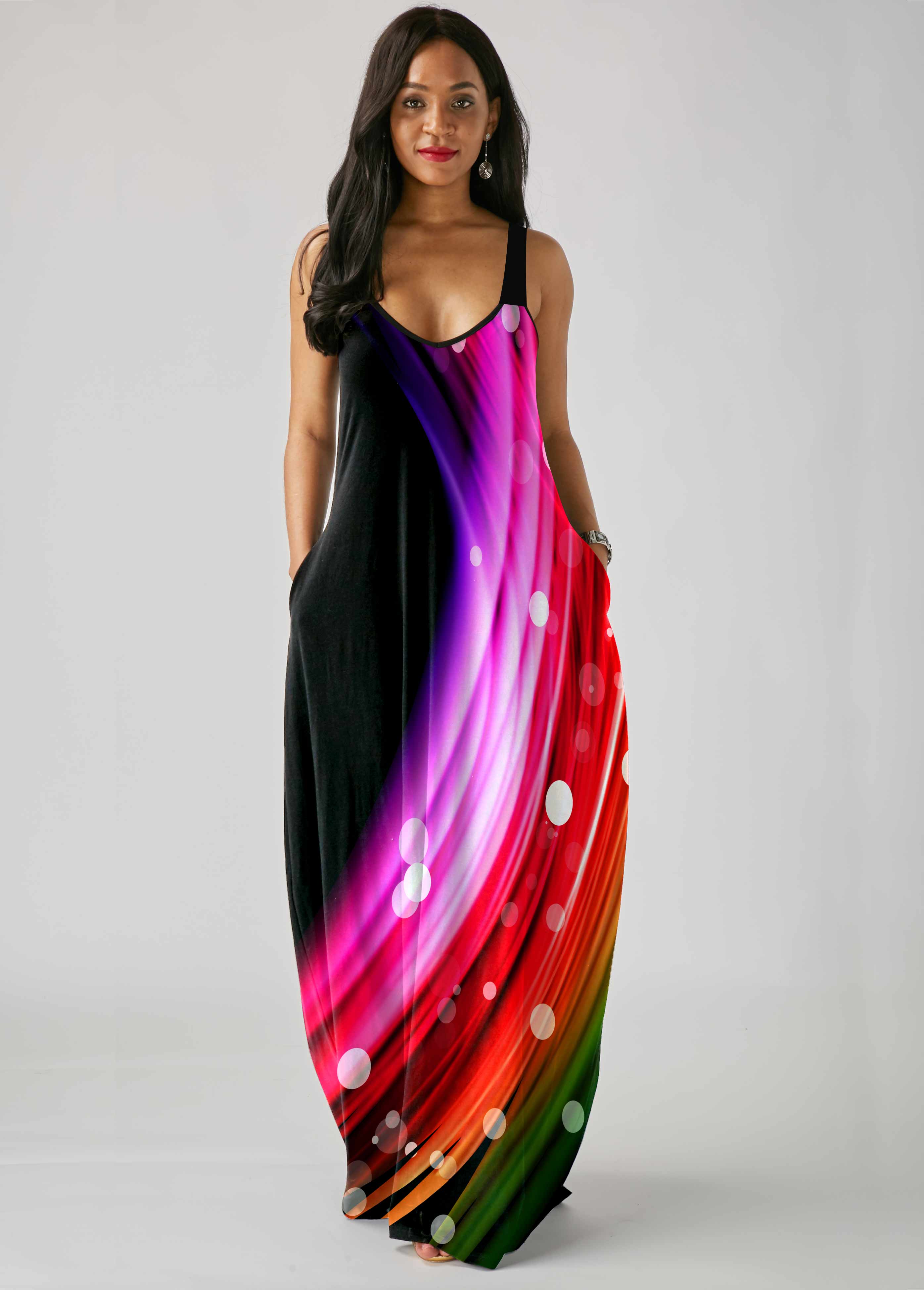 Black dresses,Dazzle Colorful dresses,ROTITA Wide Strap Colorful Double Pocket Dress 