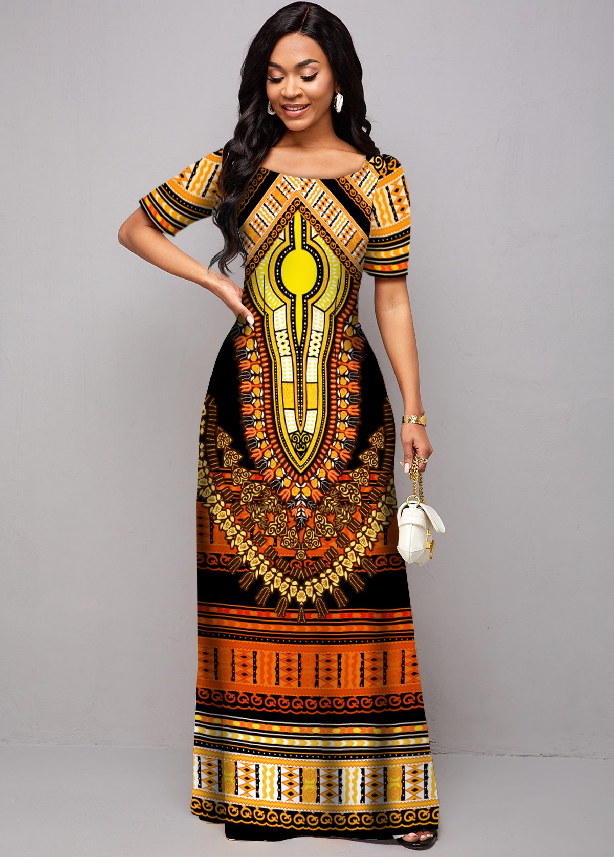 ROTITA Round Neck Tribal Print Short Sleeve Dress 
