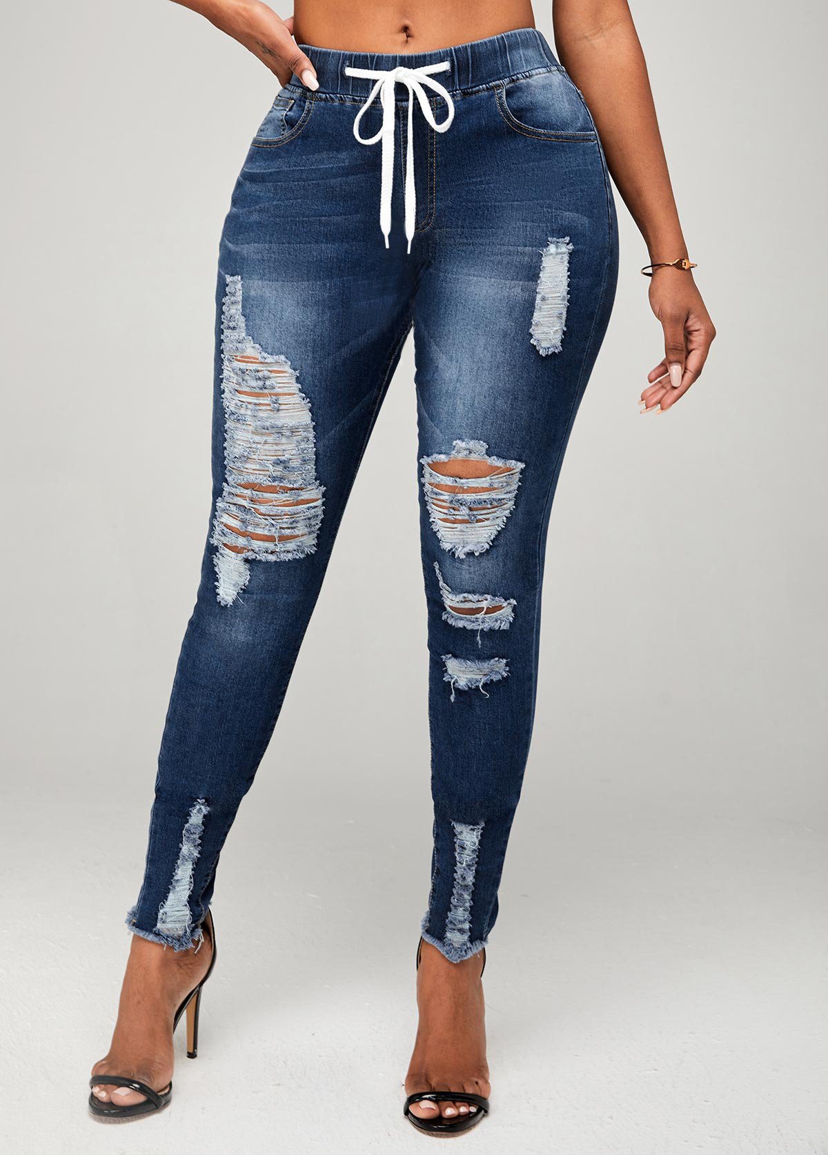 Mid Waist Shredded Skinny Drawstring Detail Jeans USD 33.87