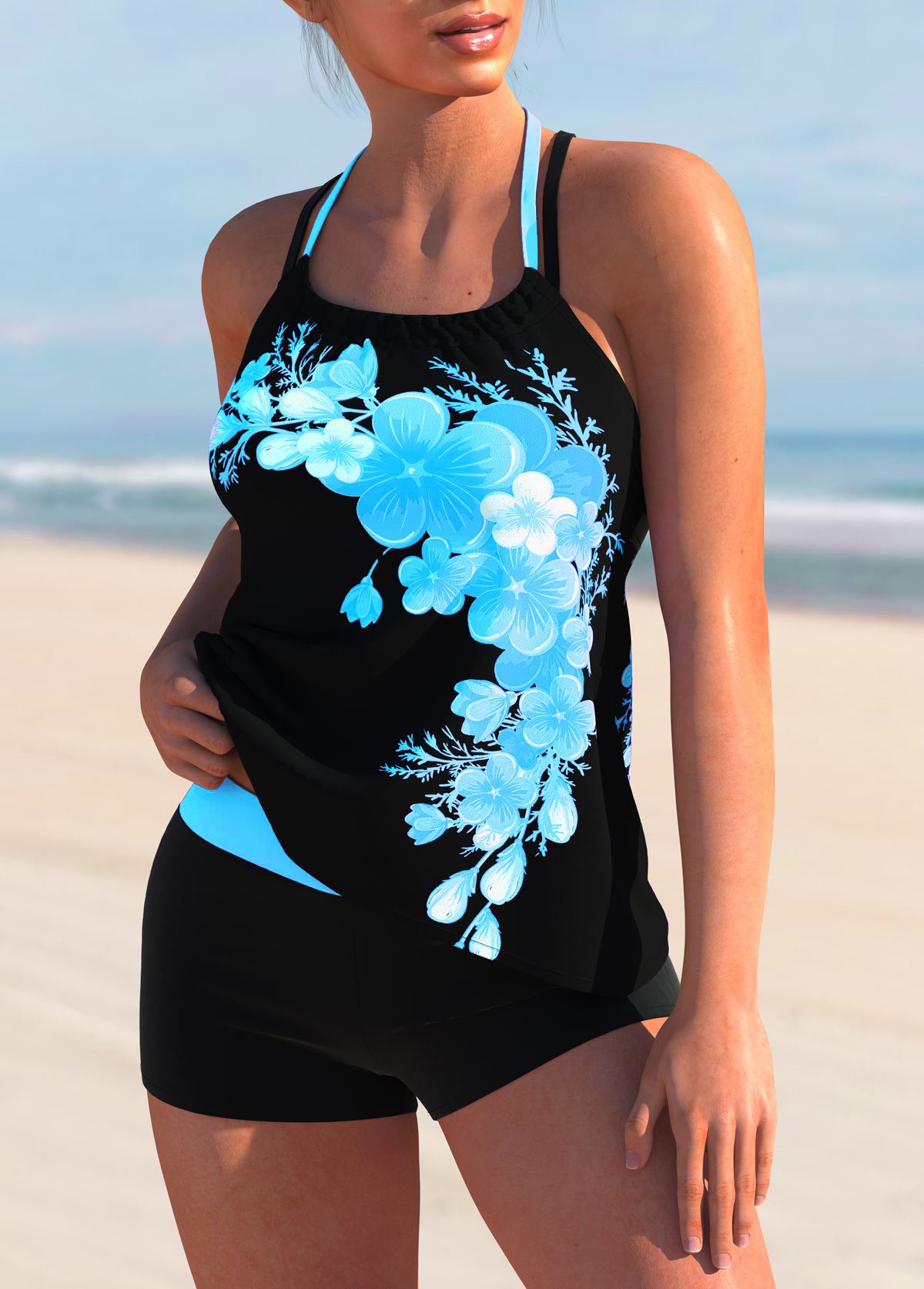 Cyan swimwear,Floral swimwear,ROTITA Cross Strap Floral Print Halter Tankini Set 
