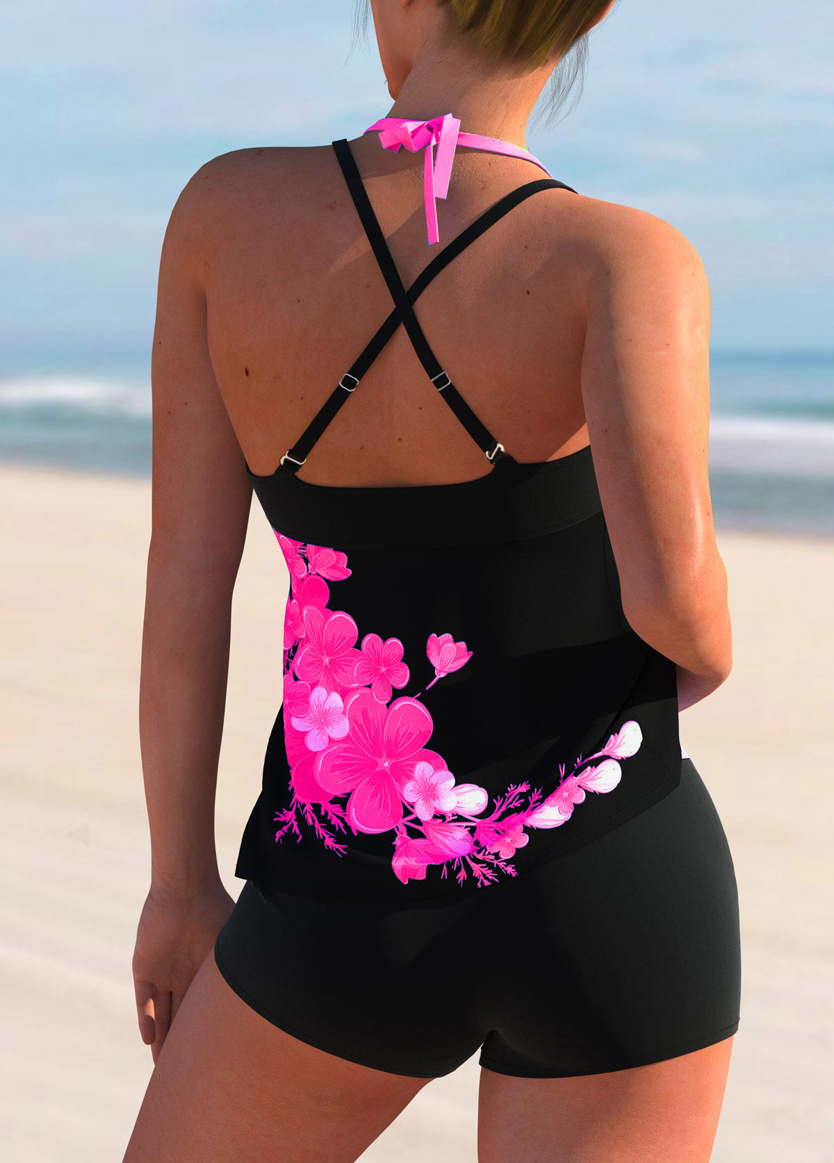 Hot Pink swimwear,Floral swimwear,ROTITA Cross Strap Floral Print Halter Tankini Set