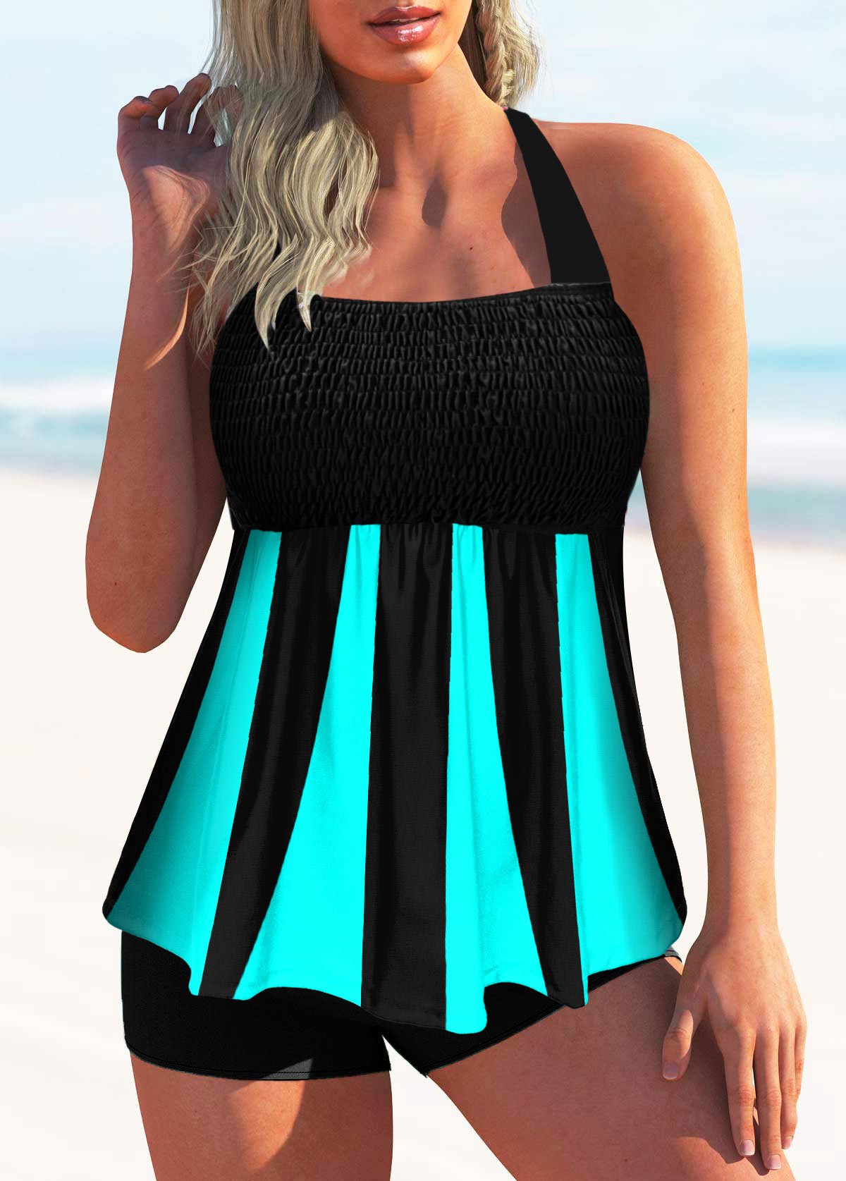 ROTITA Printed Smocked Halter Tie Back Tankini Set USD