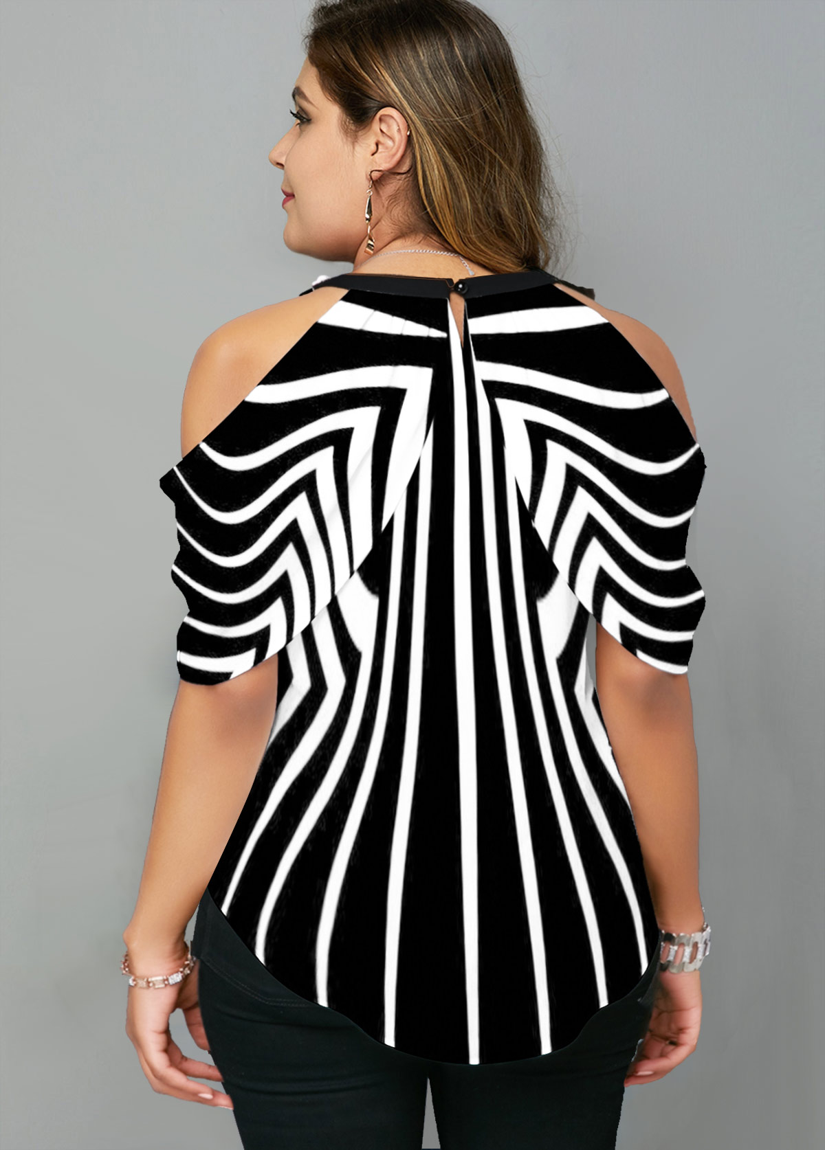 Multi Color tops,Striped tops,ROTITA Striped Embellished Neck Cold Shoulder Blouse