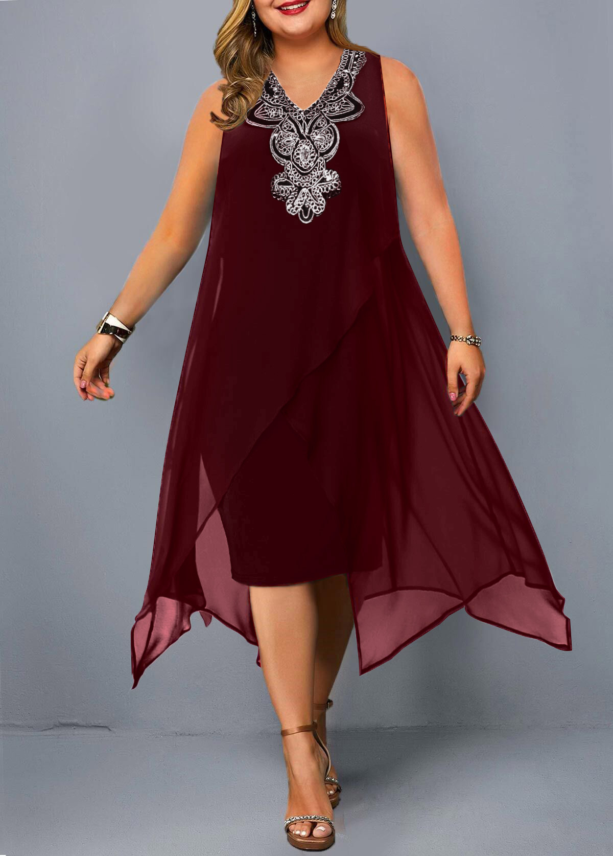 ROTITA Sleeveless Embellished Neck Asymmetric Hem Plus Size Dress