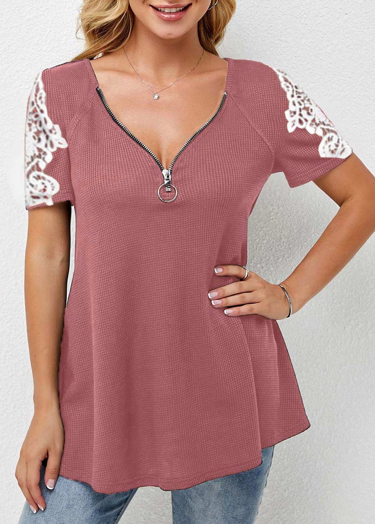Pink tops,Contrast Color tops,V Neck Lace Stitching Short Sleeve T Shirt