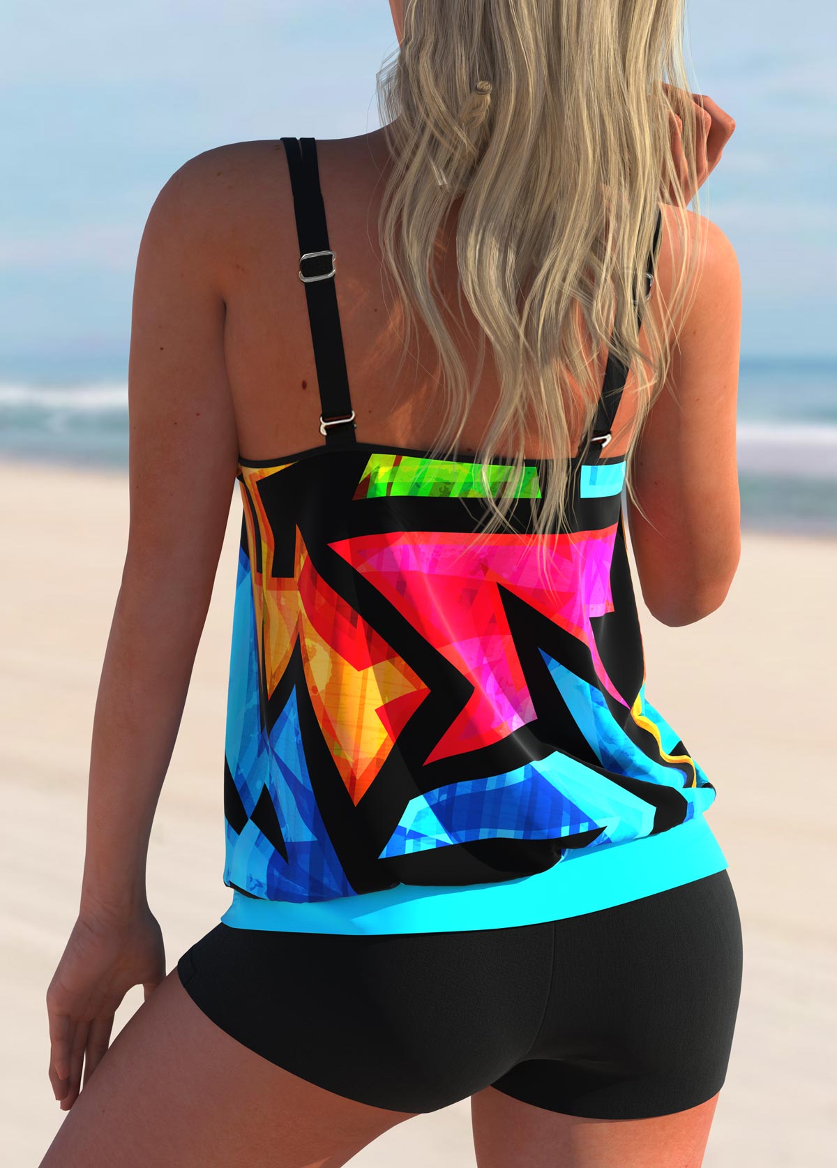 Cyan swimwear,Geometric swimwear,ROTITA Geometric Print Double Straps Colorful Tankini Set
