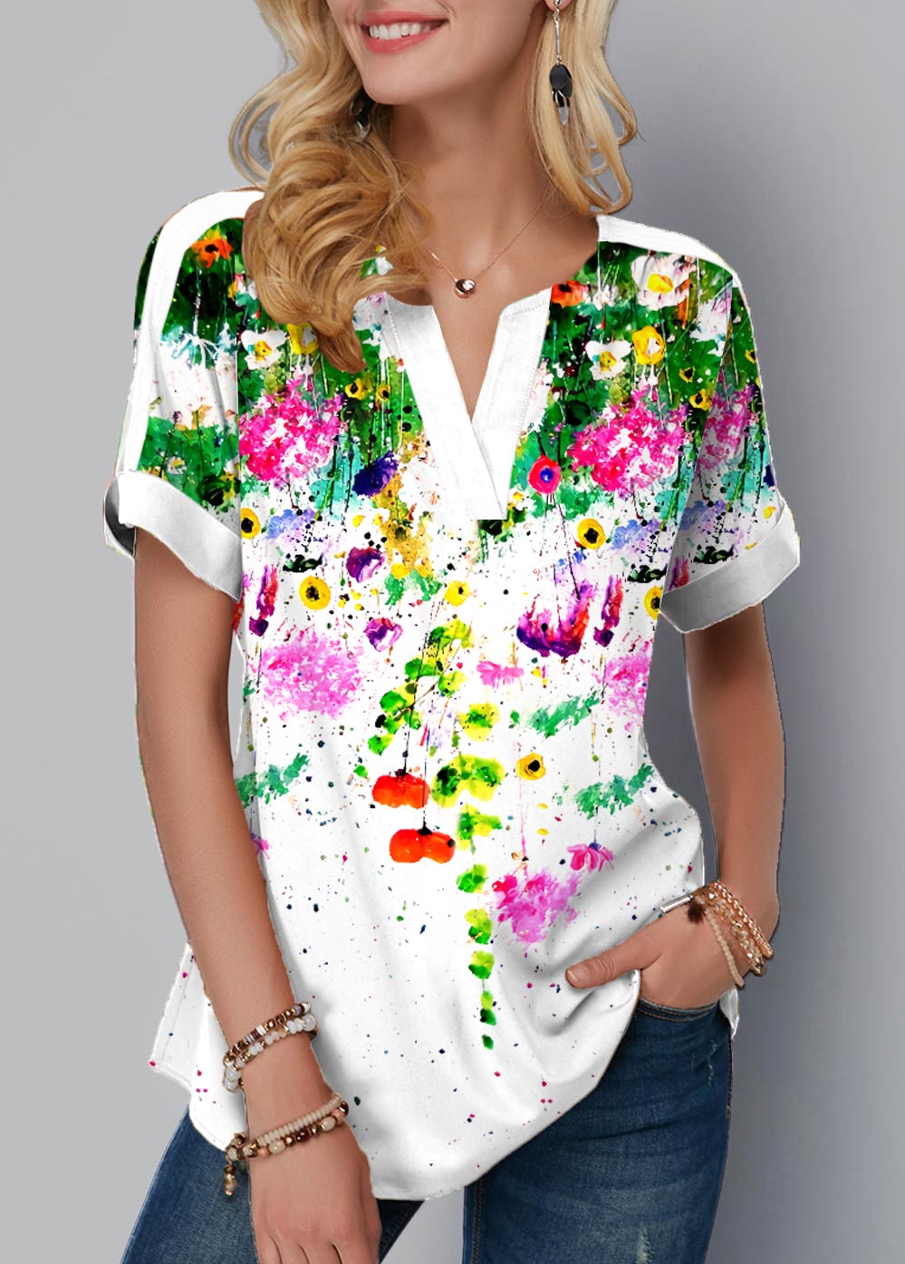 ROTITA Split Neck Floral Print Ombre Blouse