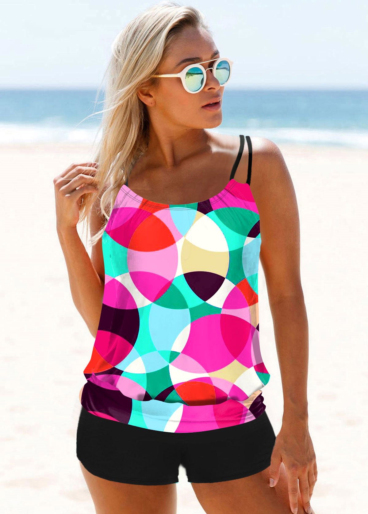 Multi Color swimwear,Geometric swimwear,ROTITA Colorful Geometric Print Tankini Set