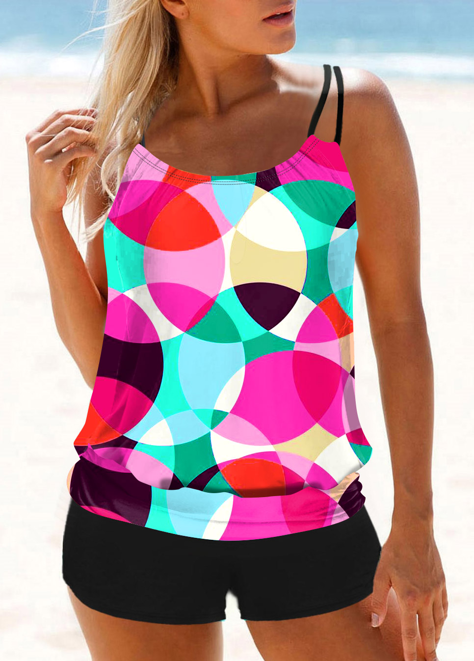 Multi Color swimwear,Geometric swimwear,ROTITA Colorful Geometric Print Tankini Set