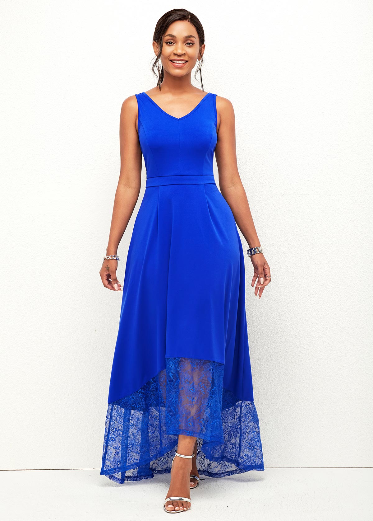 ROTITA Wide Strap Lace Stitching Asymmetric Hem Dress 
