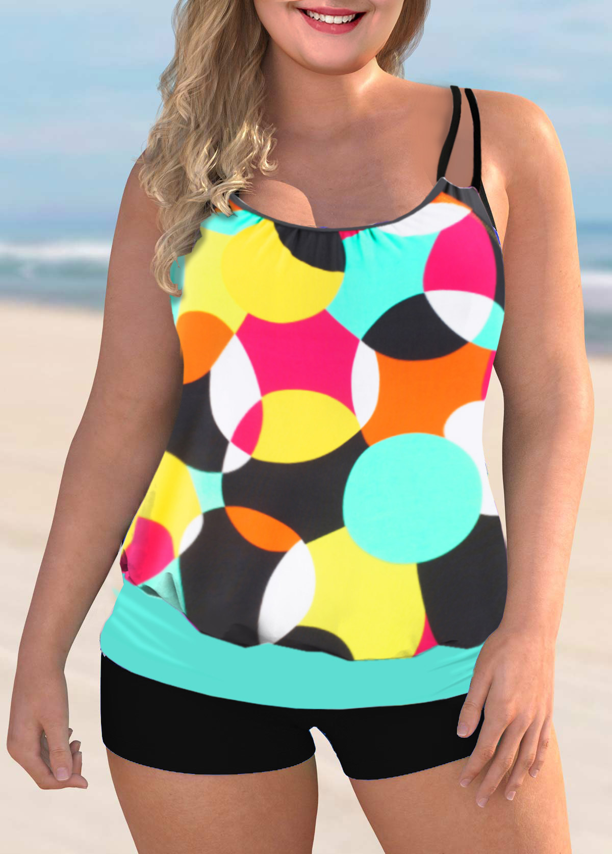 Multi Color plus size,Geometric plus size,Geometric Print Plus Size Double Straps Tankini Set 