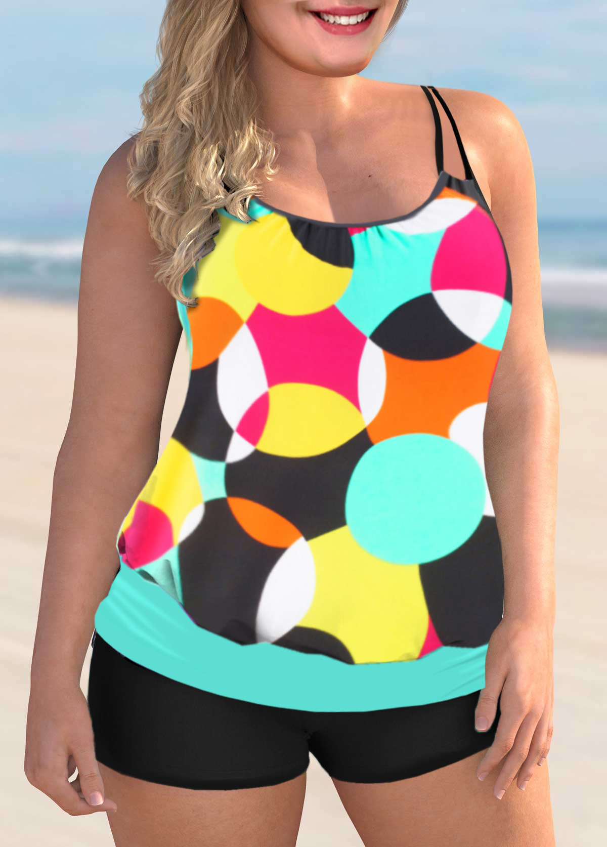Multi Color plus size,Geometric plus size,Geometric Print Plus Size Double Straps Tankini Set 