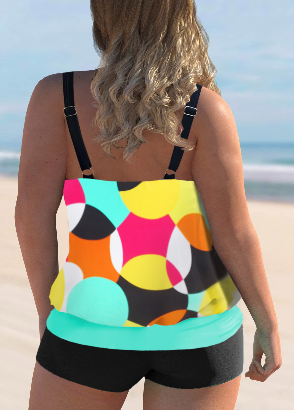 Multi Color plus size,Geometric plus size,Geometric Print Plus Size Double Straps Tankini Set 