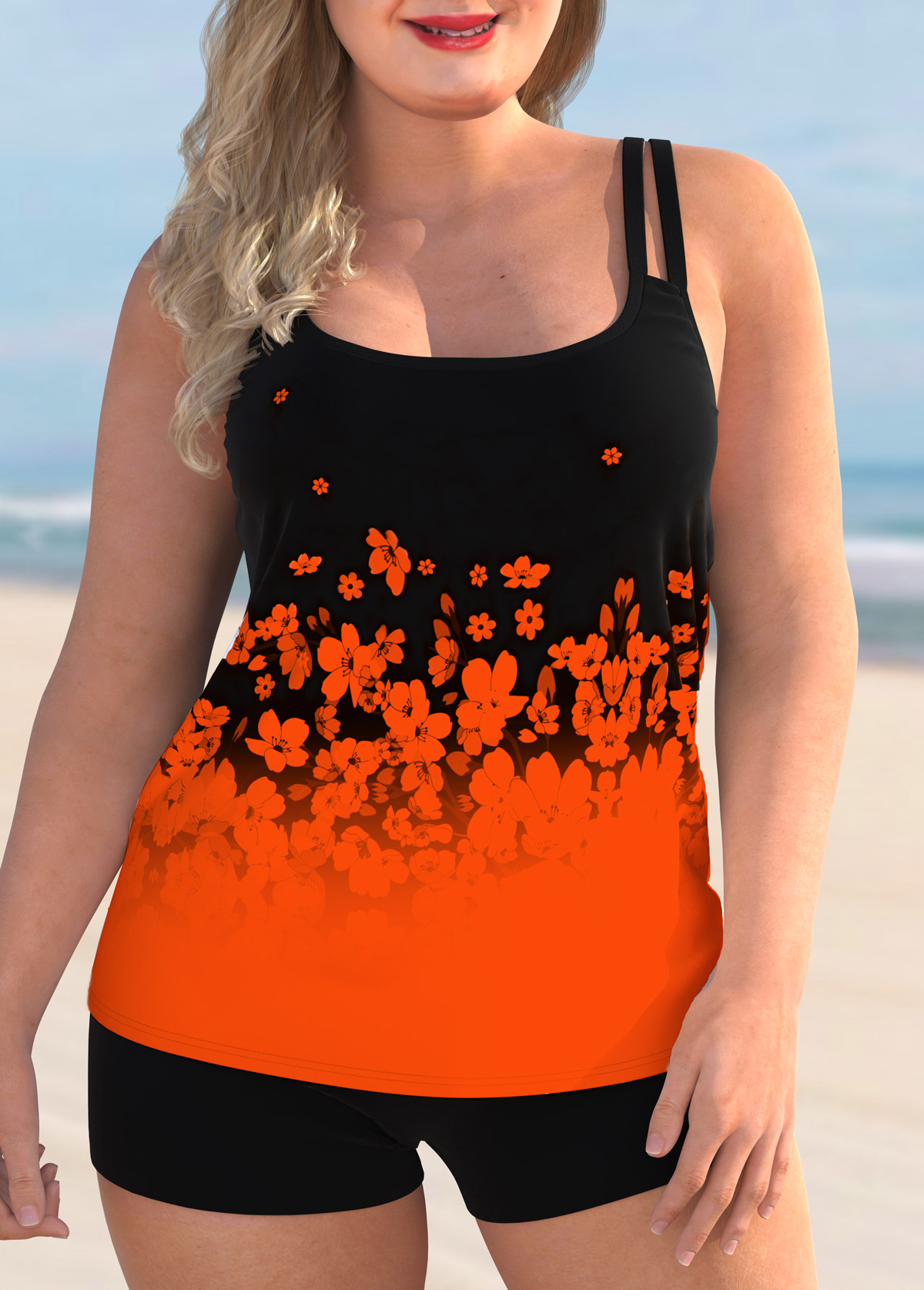 ROTITA Floral Print Plus Size Double Straps Tankini Set 