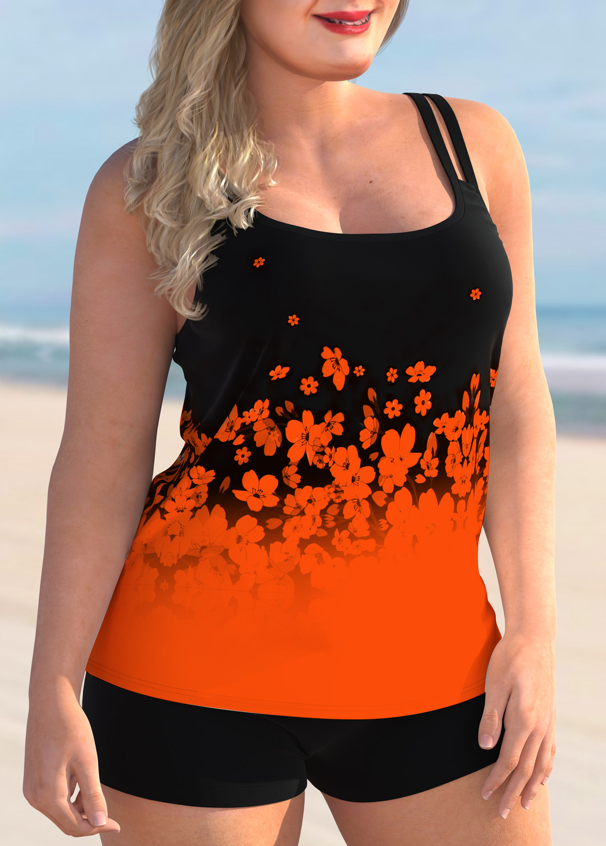 Orange plus size,Black plus size,Floral plus size,Ombre plus size,ROTITA Floral Print Plus Size Double Straps Tankini Set