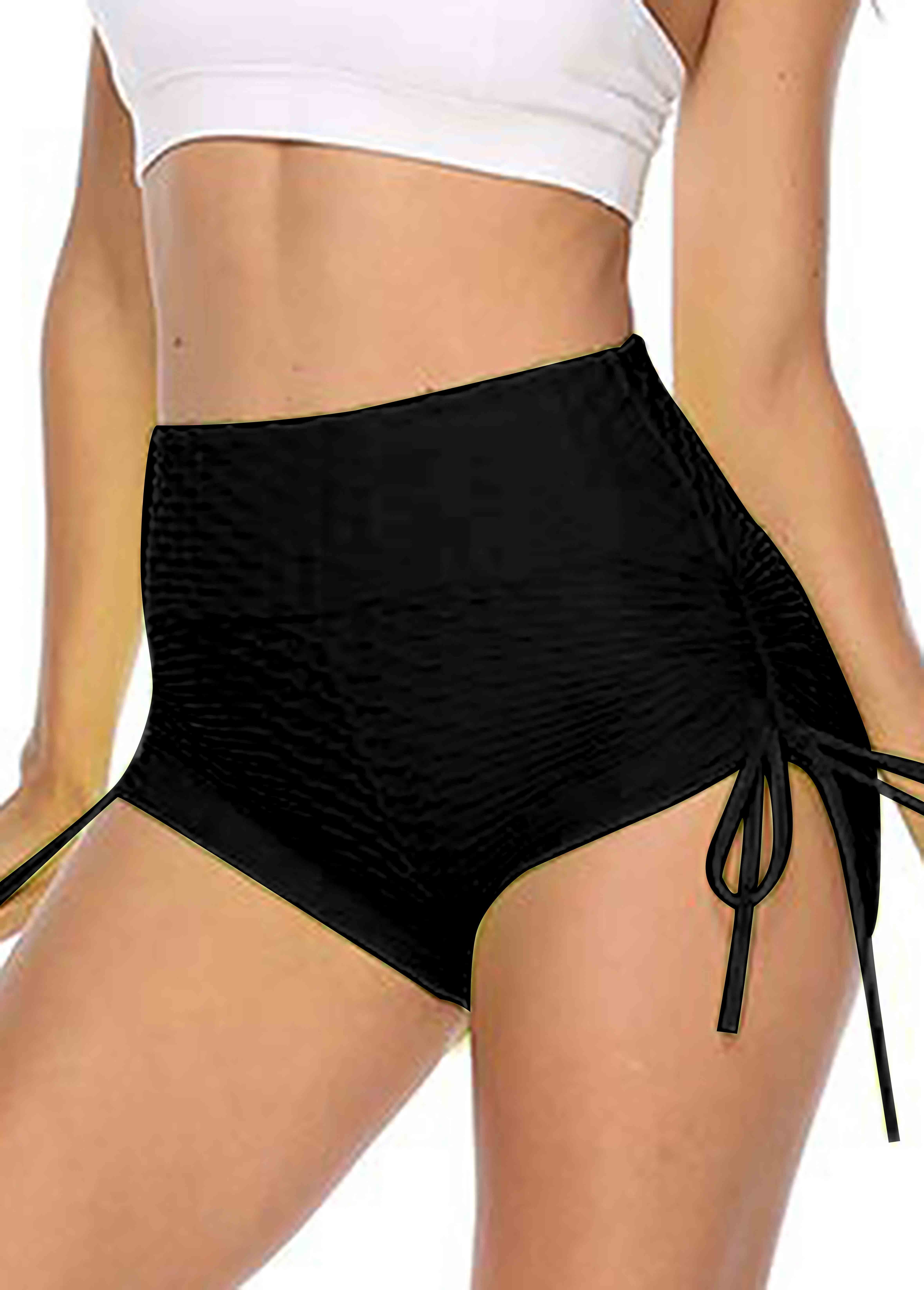 Black swimwear,Plain Color swimwear,ROTITA Drawstring Black High Waisted Swim Shorts
