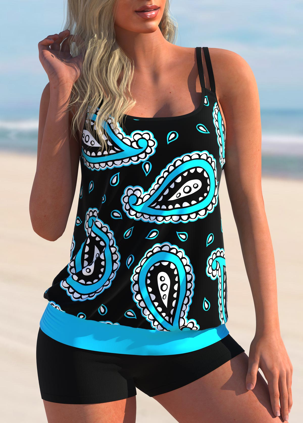 ROTITA Cashews Print Cyan Wide Strap Tankini Set