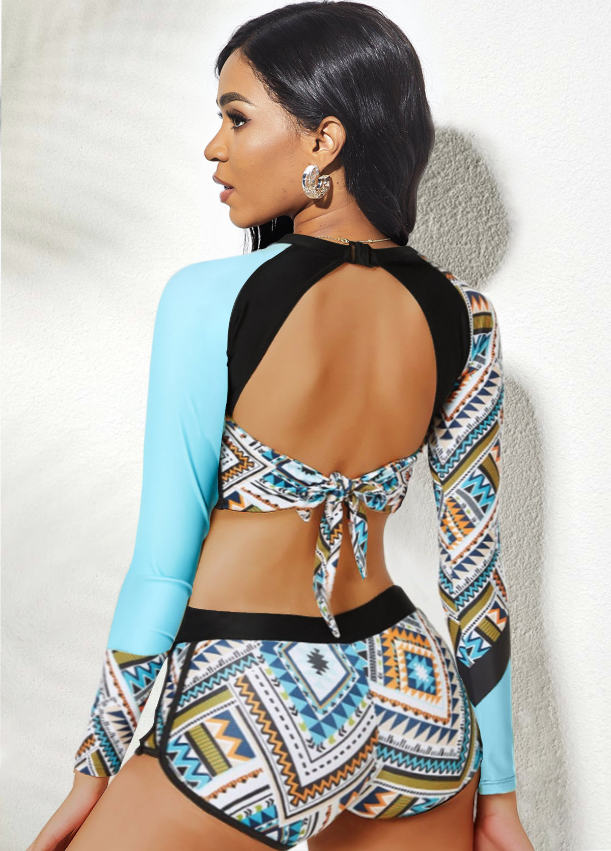 ROTITA Tie Back Open Back High Waisted Bikini Set 