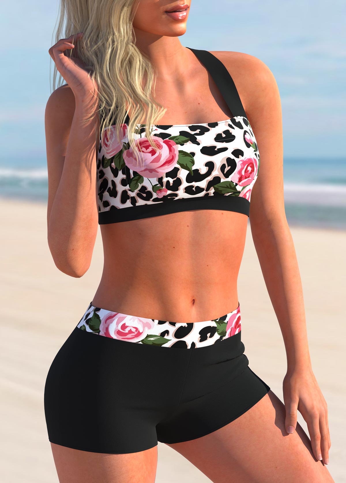Multi Color swimwear,Floral swimwear,ROTITA Wide Strap Leopard High Waisted Bikini Set 