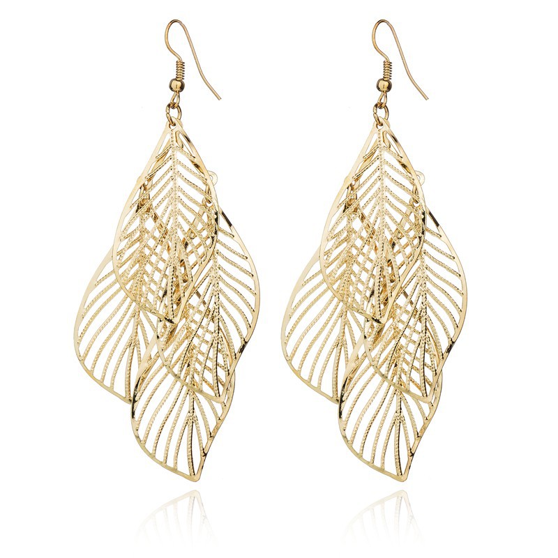 Gold jewelry,Gold Leaf Design Metal Detail Earring Set