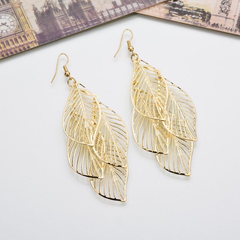 Gold jewelry,Gold Leaf Design Metal Detail Earring Set