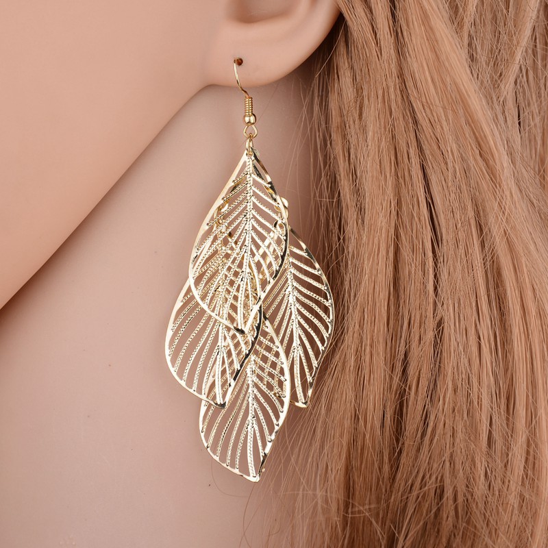 Gold jewelry,Gold Leaf Design Metal Detail Earring Set