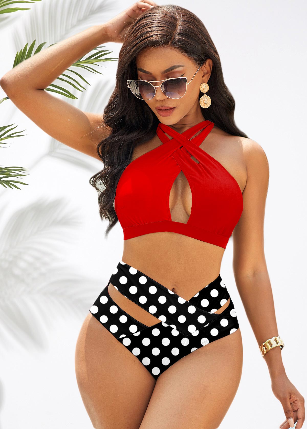 Red swimwear,Dot swimwear,ROTITA Polka Dot Cross Halter High Waist Bikini Set 