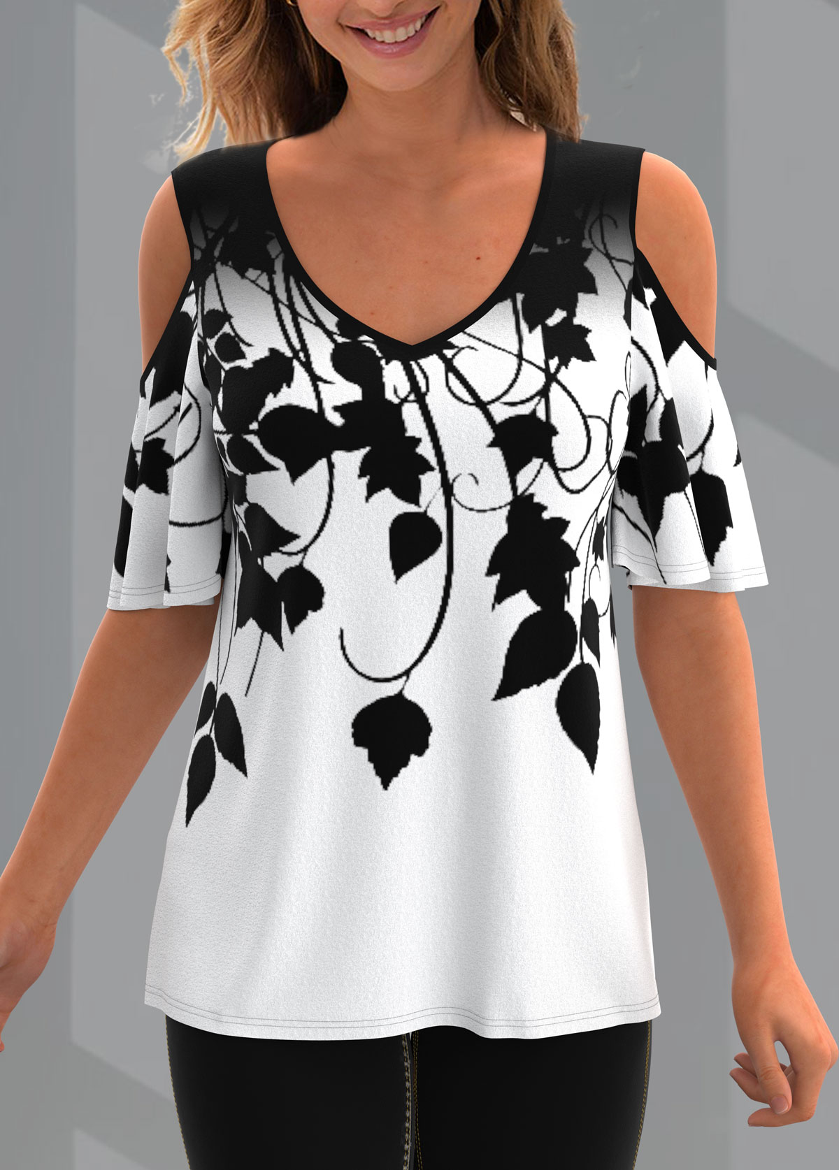 White tops,Plants tops,ROTITA Printed Cold Shoulder V Neck T Shirt