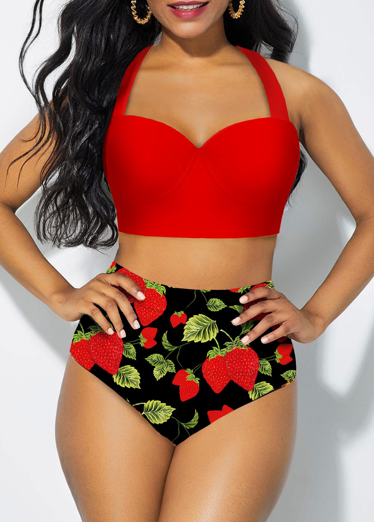 Red swimwear,Floral swimwear,ROTITA High Waisted Halter Printed Bikini Set