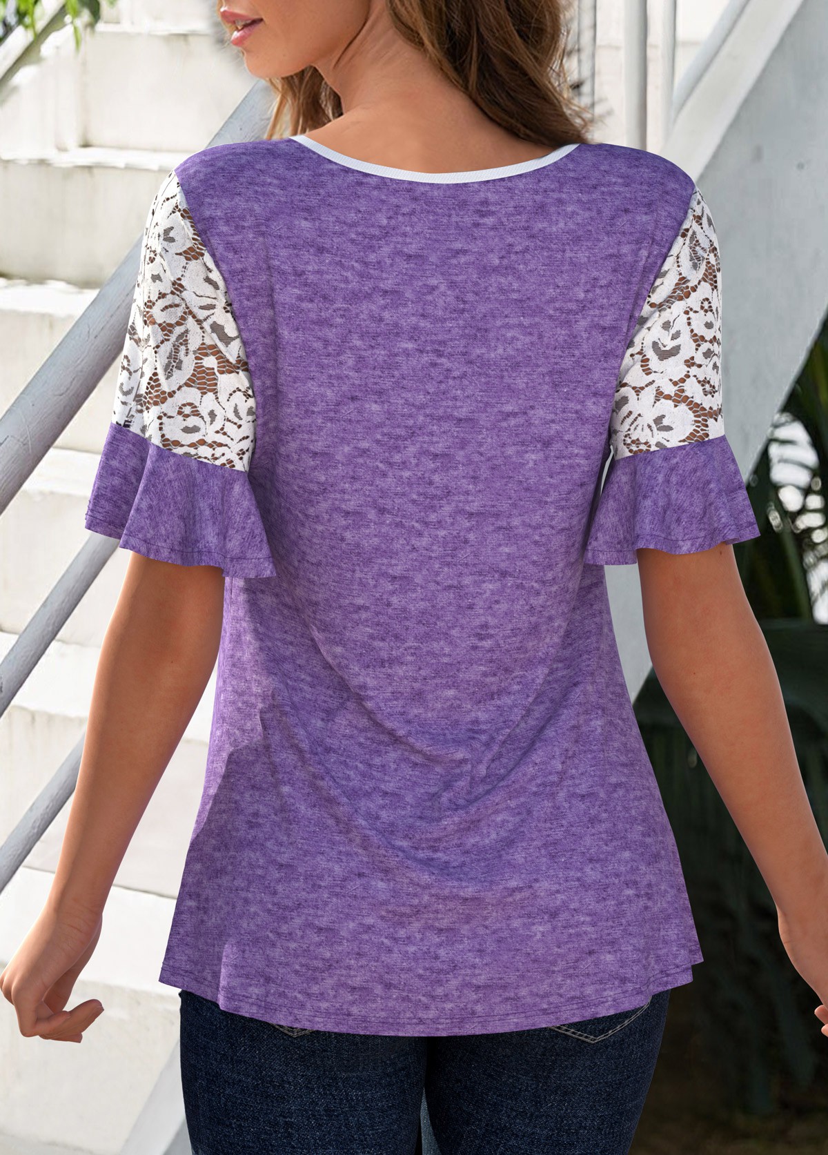 Light Purple tops,Contrast Color tops,ROTITA Lace Patchwork Round Neck Short Sleeve T Shirt