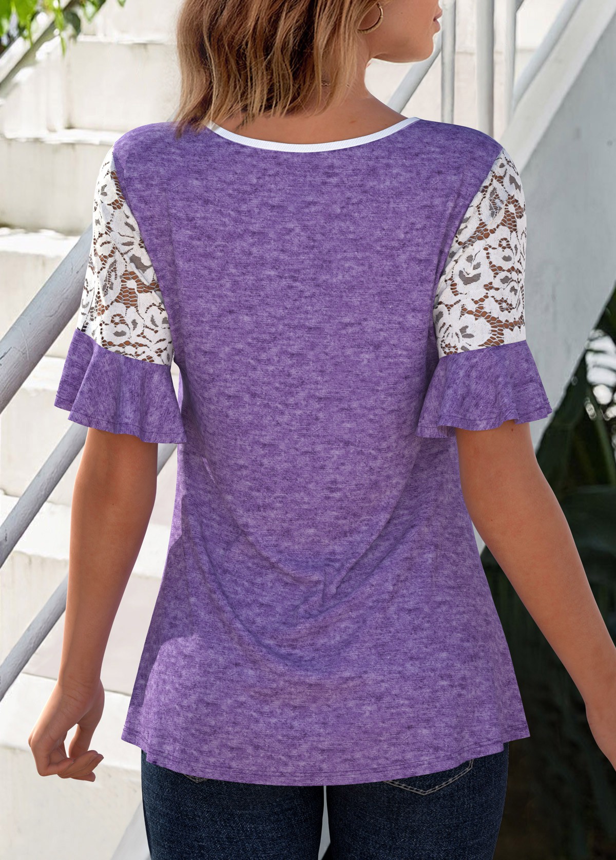 Light Purple tops,Contrast Color tops,ROTITA Lace Patchwork Round Neck Short Sleeve T Shirt