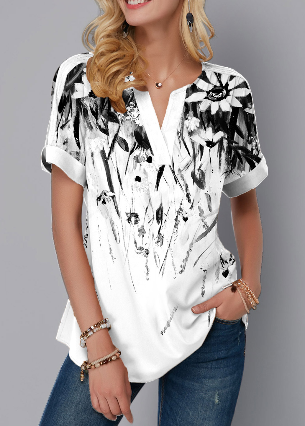 ROTITA Floral Print Ombre Split Neck Blouse