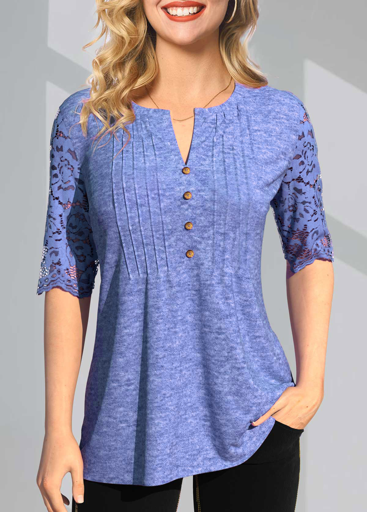 Blue tops,Plain Color tops,ROTITA Split Neck Lace Stitching Crinkle Chest T Shirt