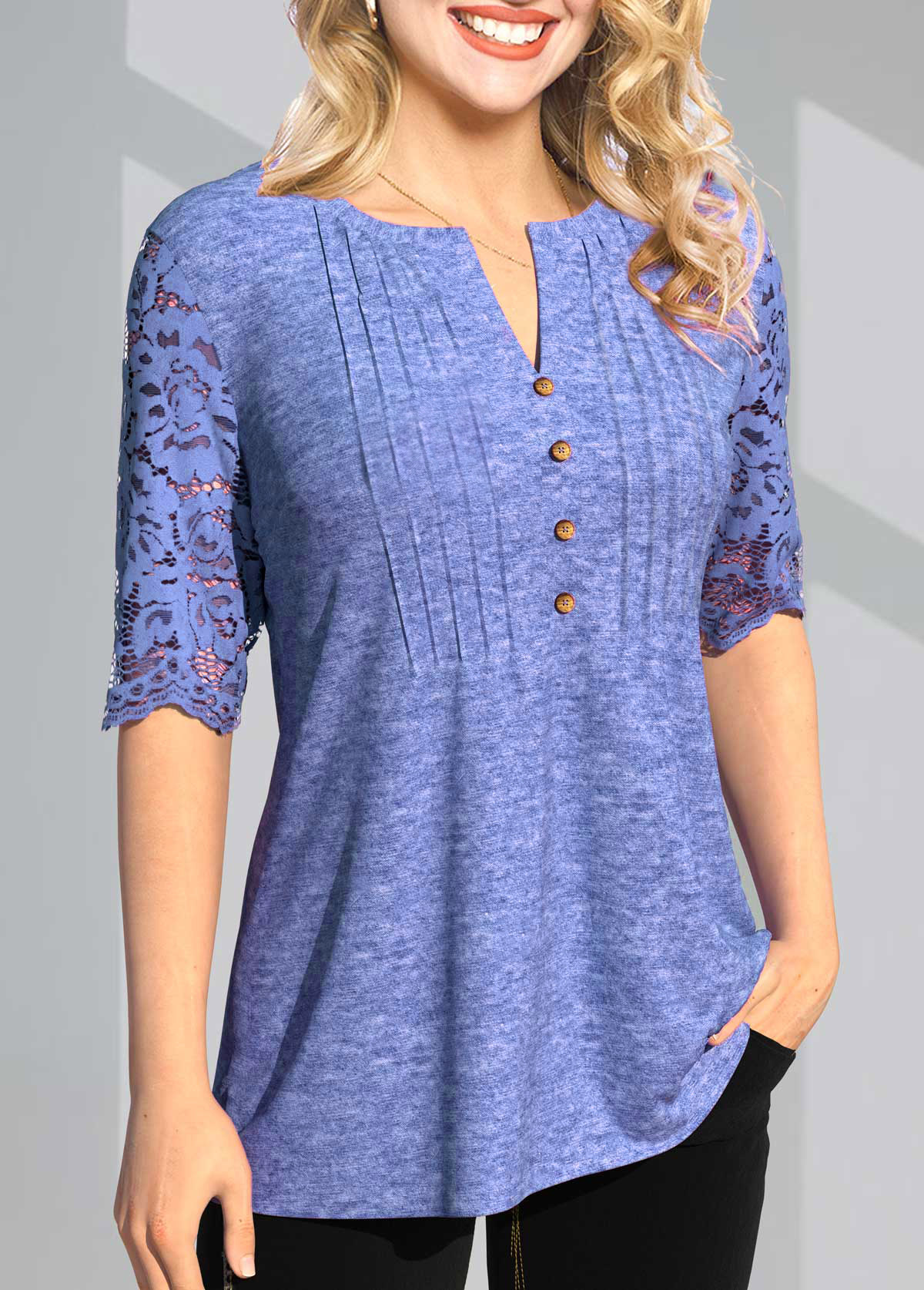 Blue tops,Plain Color tops,ROTITA Split Neck Lace Stitching Crinkle Chest T Shirt