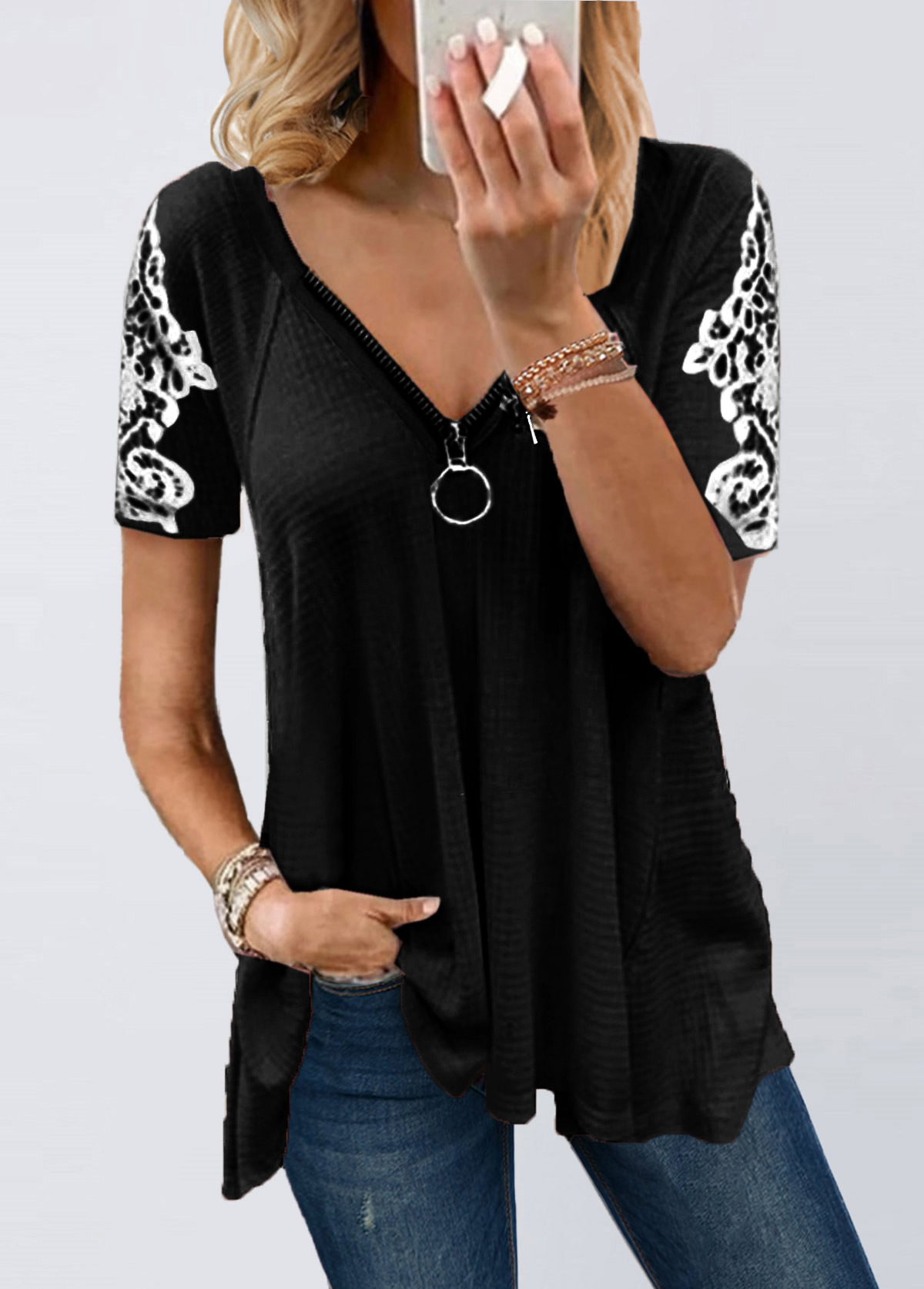 Lace Patchwork Short Sleeve Zipper T Shirt