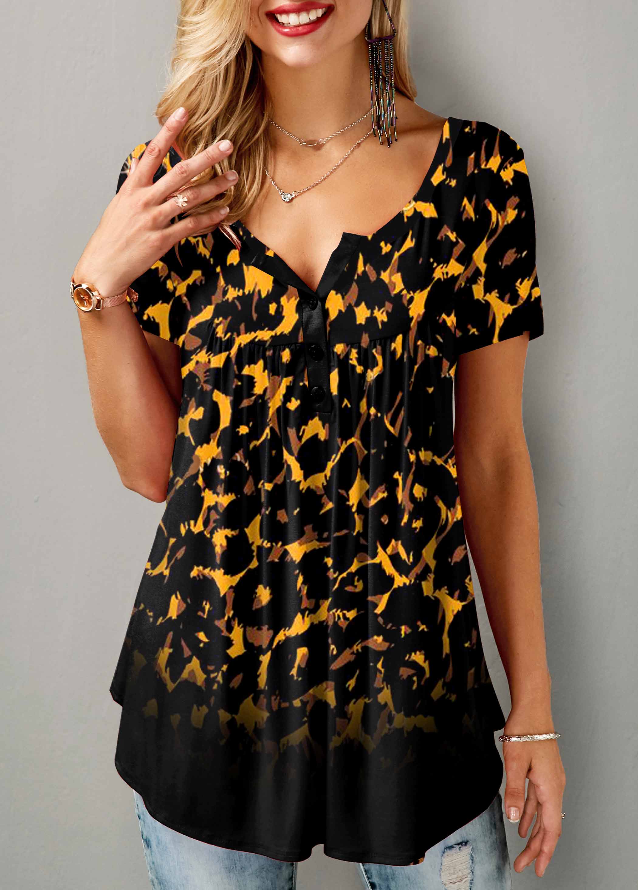 Multi Color tops,Leopard tops,ROTITA Split Neck Short Sleeve Leopard Blouse