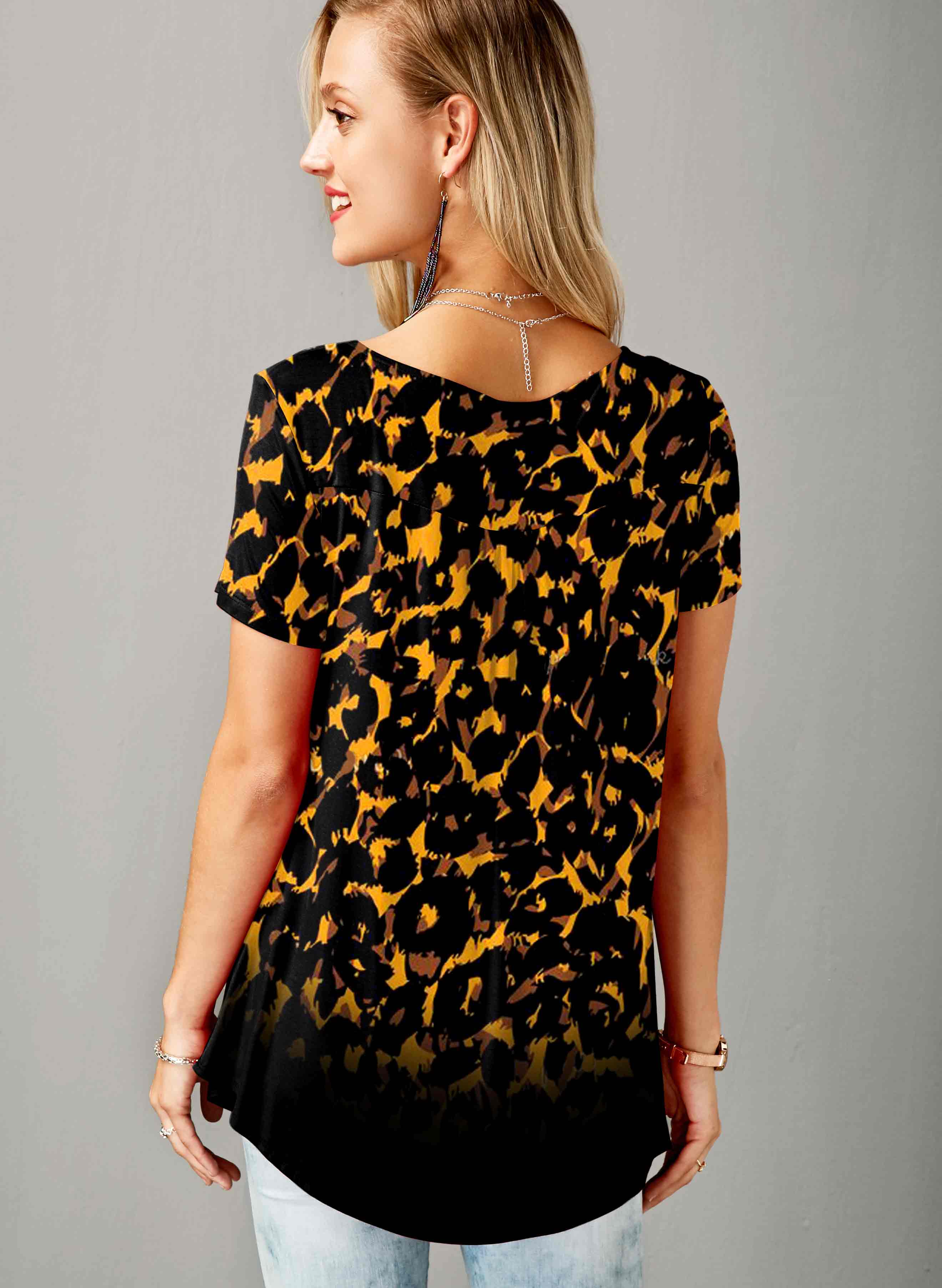 Multi Color tops,Leopard tops,ROTITA Split Neck Short Sleeve Leopard Blouse